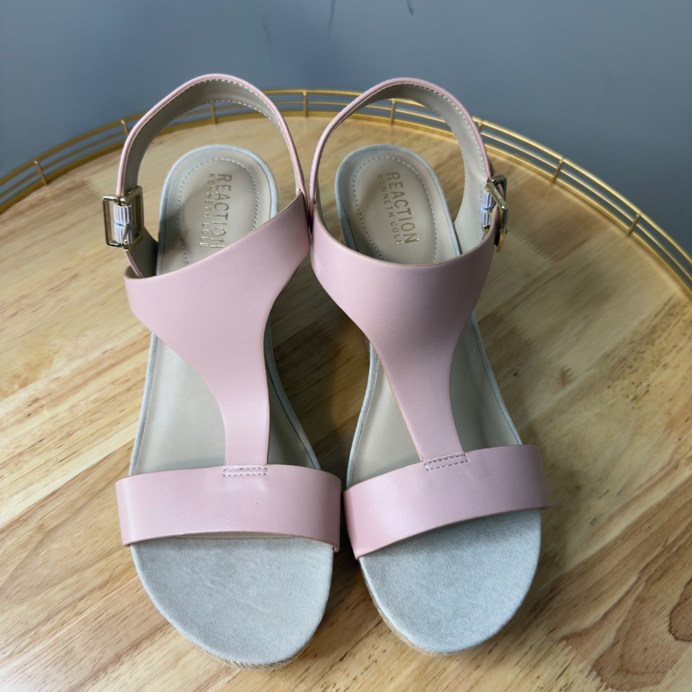 REACTION KENNETH COLE Pink T Strap Espadrille Wedge Sandals Women US 10